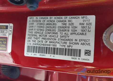 2017 Honda Cr-V Ex-L/Ex-L Navi from USA, damaged, VIN 2HKRW2H8XHH611955